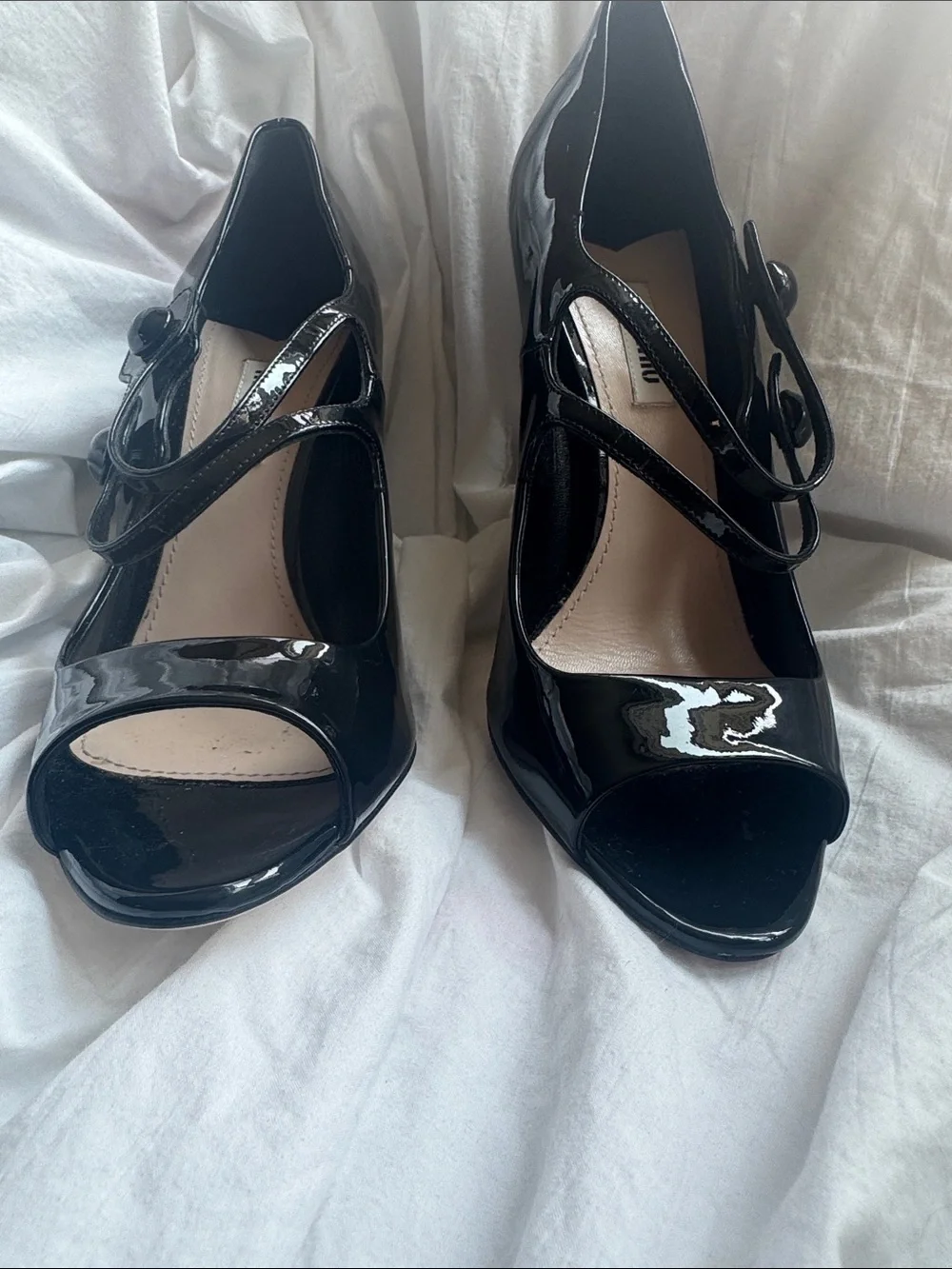Miu Miu Black Patent Leather Mary Jane Peep-Toe Heels with Double Straps